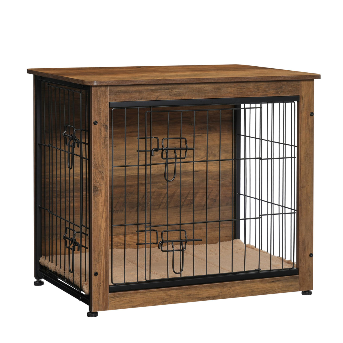 DWANTON 27" Dog Crate Furniture, Dog Kennel Indoor, with Waterproof Cushion Small Wooden Kennel Table Indoor, Double Doors, Decorative Pet House as TV/Night Stand Side/End Table, Warm Brown