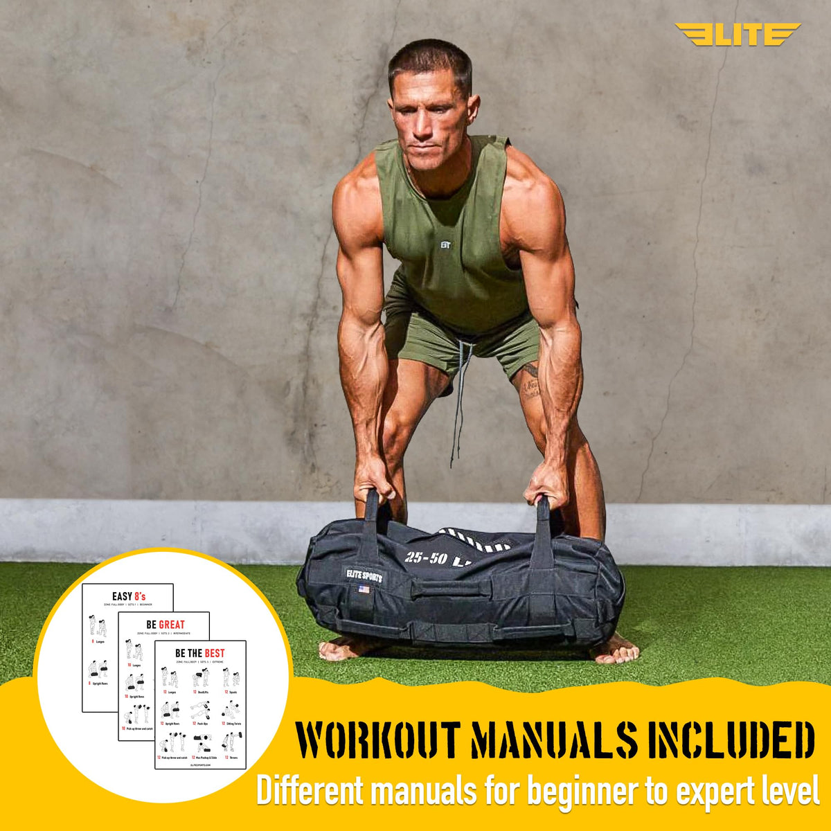Elite Sports Workout Sandbag for Versatile, Intensive Core Muscles Fitness, Strength Training with Strategic Handle Placement (Unfilled)