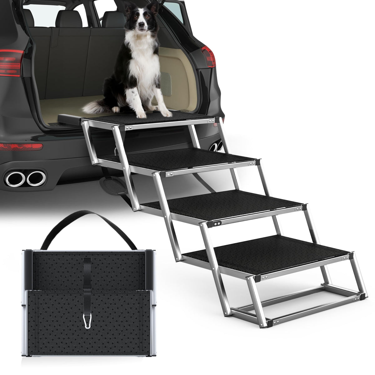 Extra Wide 20" Dog Stairs for Large Dogs, Dog Ramp for Car 4 Steps Foldable Aluminum Dog Steps for Car with Non-Slip Surface, Dog Stairs for Cars SUV High Beds Trucks, Pet Stairs up to 250 lbs