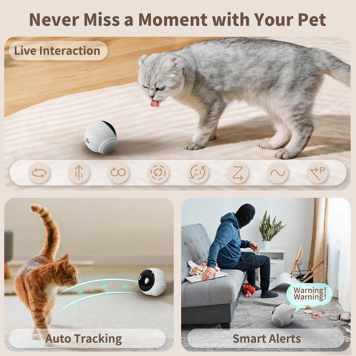 Small 1080P Mobile Pet Robot Camera with App Control, White Smart Home Companion Camera, Auto Tracking, Two-Way Audio, Night Vision, Auto-Recharge, Long Distance Gift for Family