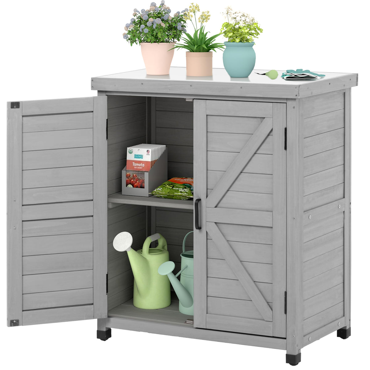 Outdoor Storage Cabinet & Potting Bench Table with Metal Top, Wooden Patio Furniture, Garden Workstation (Classic Grey, 36x31x17in)