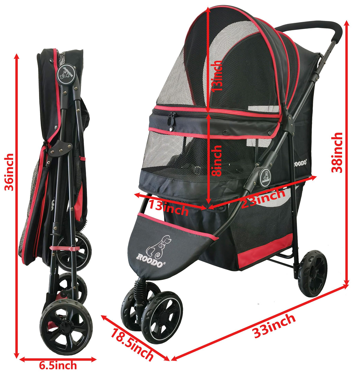 ROODO Escort 3 Wheel Dog Cat Pet Stroller for Small/Medium Dogs Cats Best Lightweight Foldable Portable Compact Jogger Travel All Terrain Pet Gear System Puppy Doggie Bunny Kitty Stroller(Black)