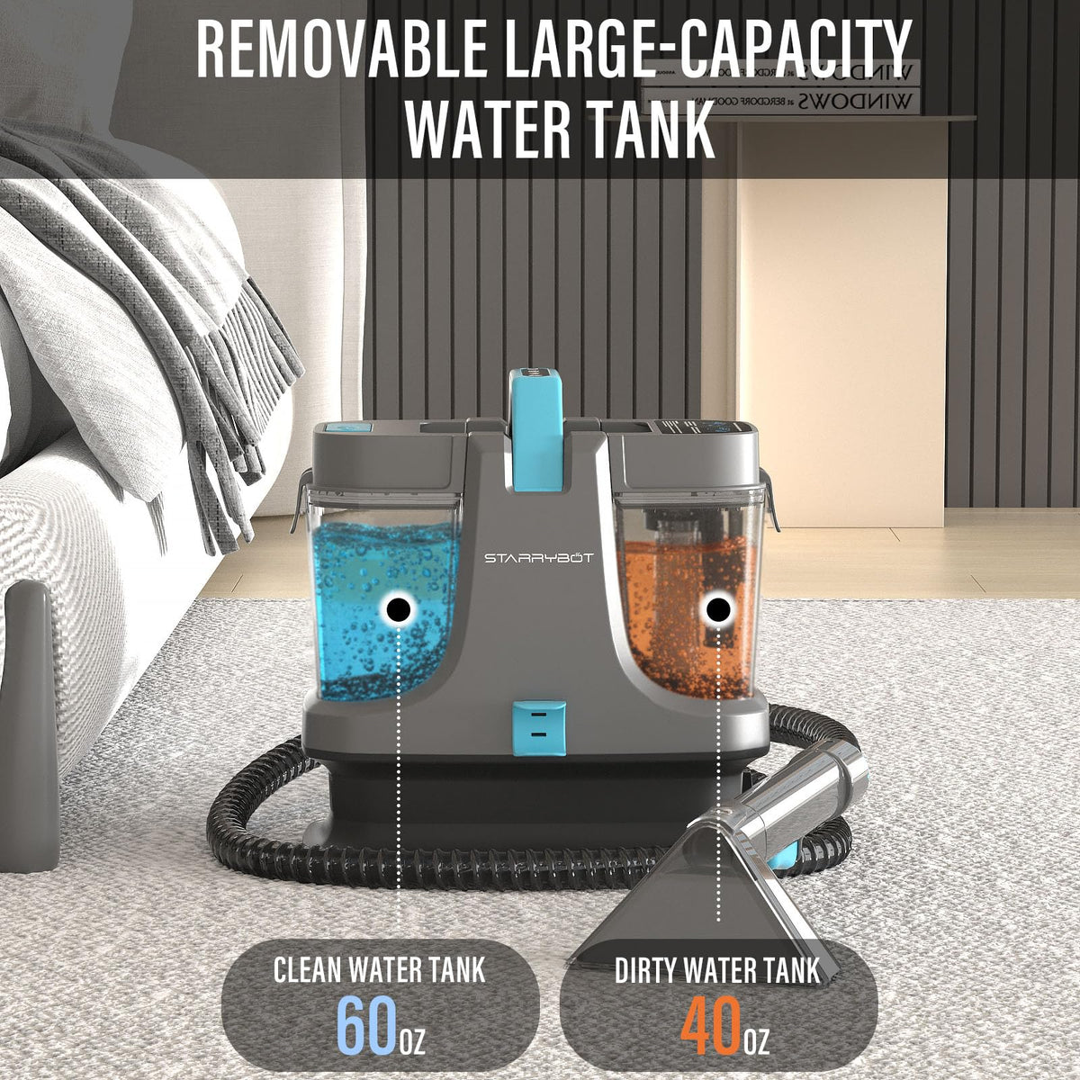 Starrybot Portable Carpet Cleaner with Steam, 18Kpa Spot Cleaner(Gray) Steam and heating technology help lift pet messes, couch stains, stair spots, rugs, and furniture dirt.