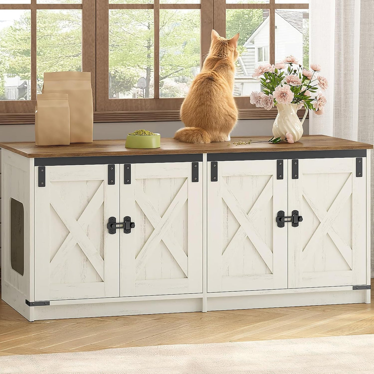 Hzuaneri Cat Litter Box Enclosure for 2 Cats, Hidden Litter Box Furniture Cat Cabinet with Double Room, Indoor Cat Washroom Dog-Proof, Farmhouse Style, 46.7 x 18.9 x 21.1, Rustic Brown White CB85314X