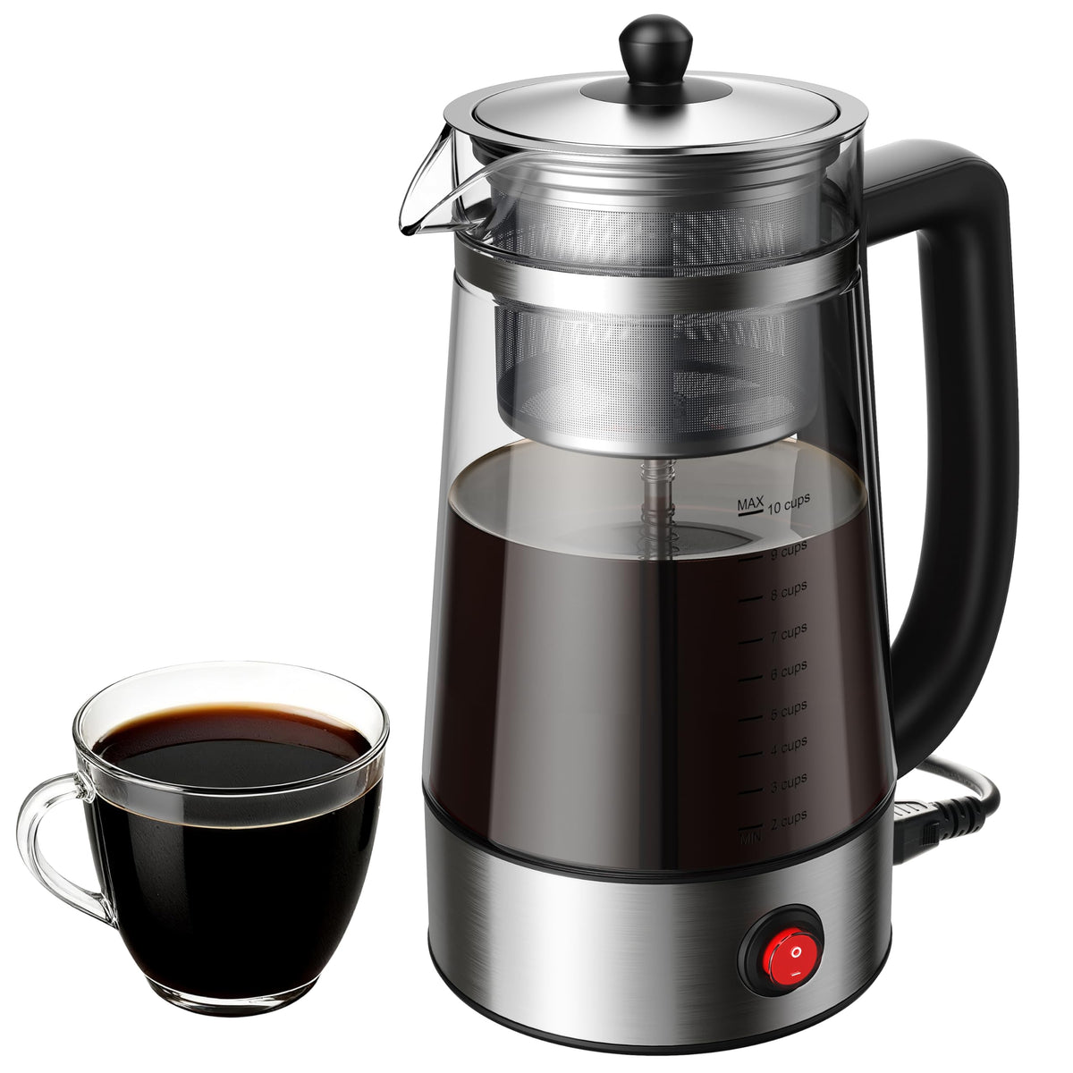 KIDISLE 10-Cup Electric Percolator Coffee Pot with Borosilicate Carafe Reusable Stainless Steel Filter, Auto Keep Warm, 1000W Fast Brew, Visual Brew Control