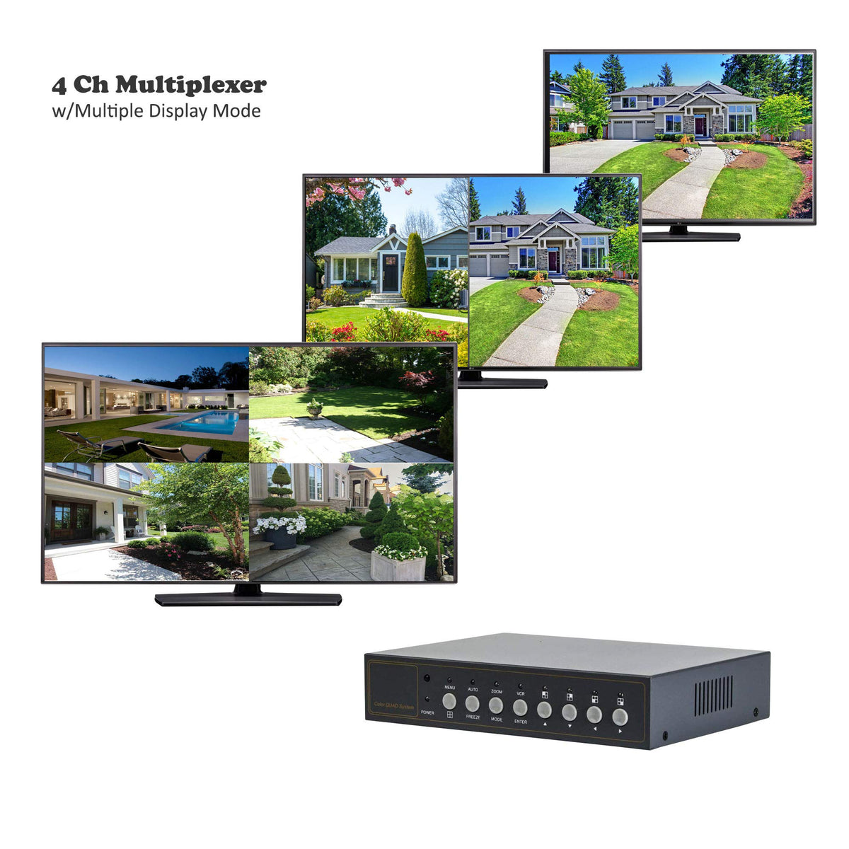 Installer CCTV 4CH Video Color Quad Multiplexer with Loopout, Remote Control and Free 1 Amp Power Adapter
