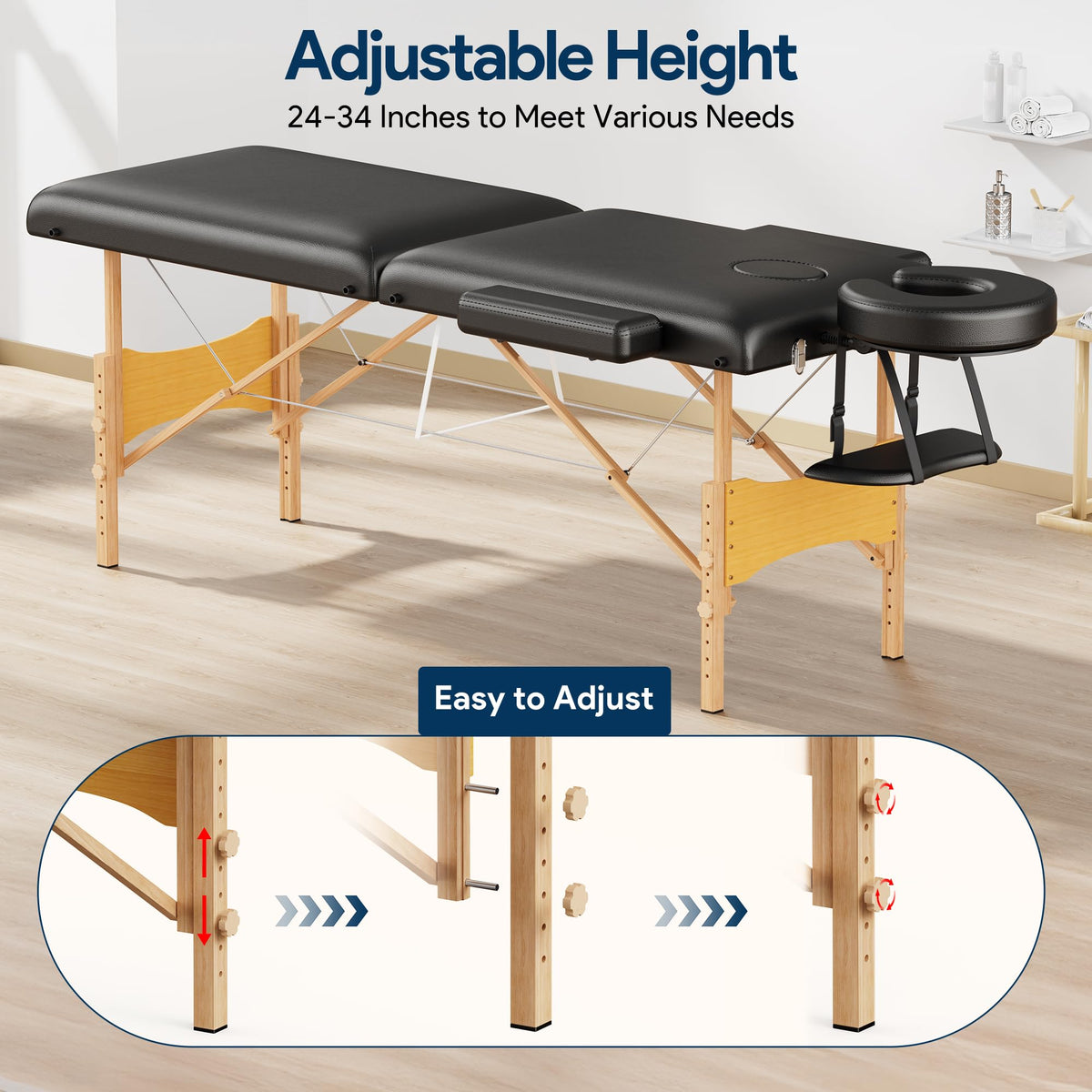 Brelley Massage Table Portable Wooden Lash Bed 2-Fold Tattoo Bed, Black Massage Bed Adjustable Height, Beech Wood, 490Lbs Load Capacity, Portable Esthetician Lash Spa Salon Tattoo Bed