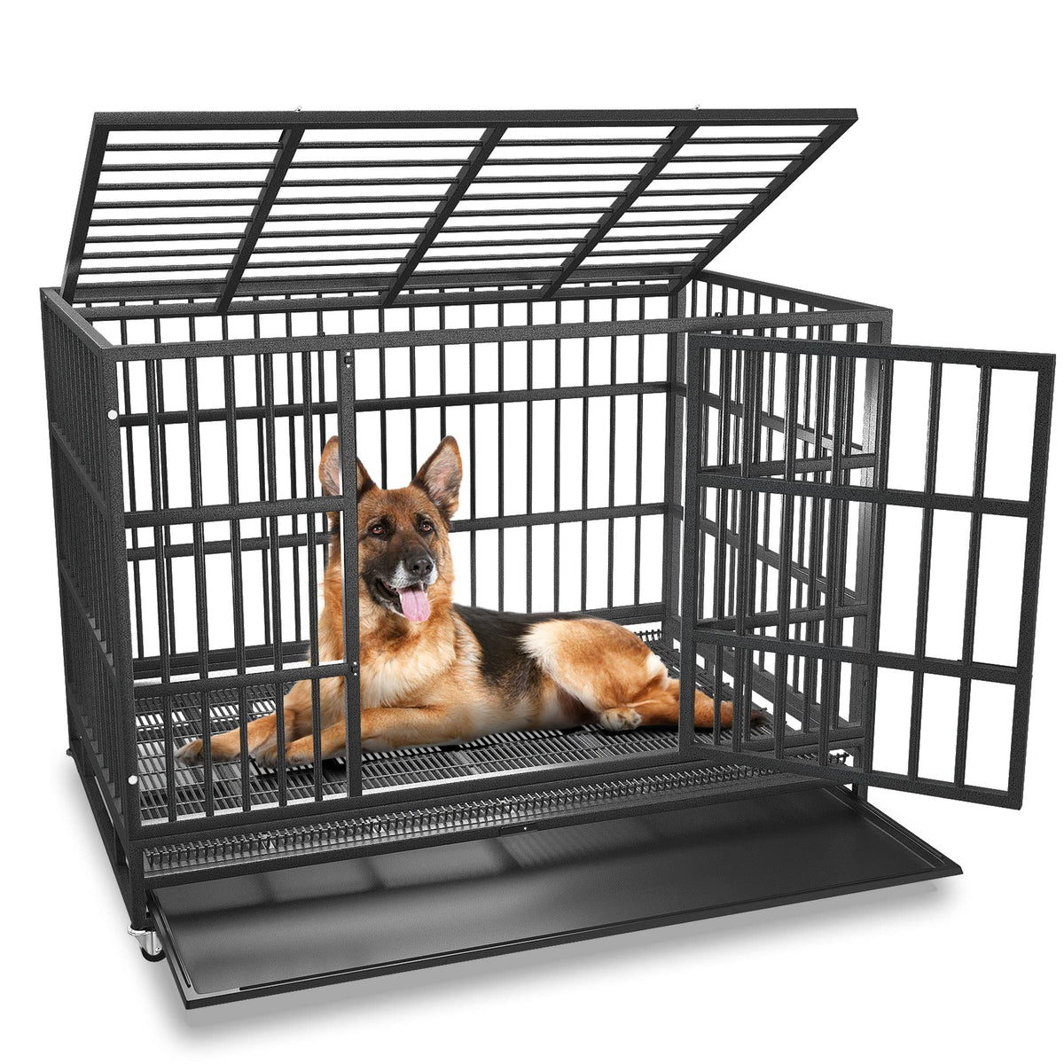 BOLDBONE 48 inch Heavy Duty Indestructible and Escape-Proof Dog Crate Cage Kennel for Large Dogs, High Anxiety Dog Crate with Removable Wire Trays and Wheels, Extra Large XL XXL, Black