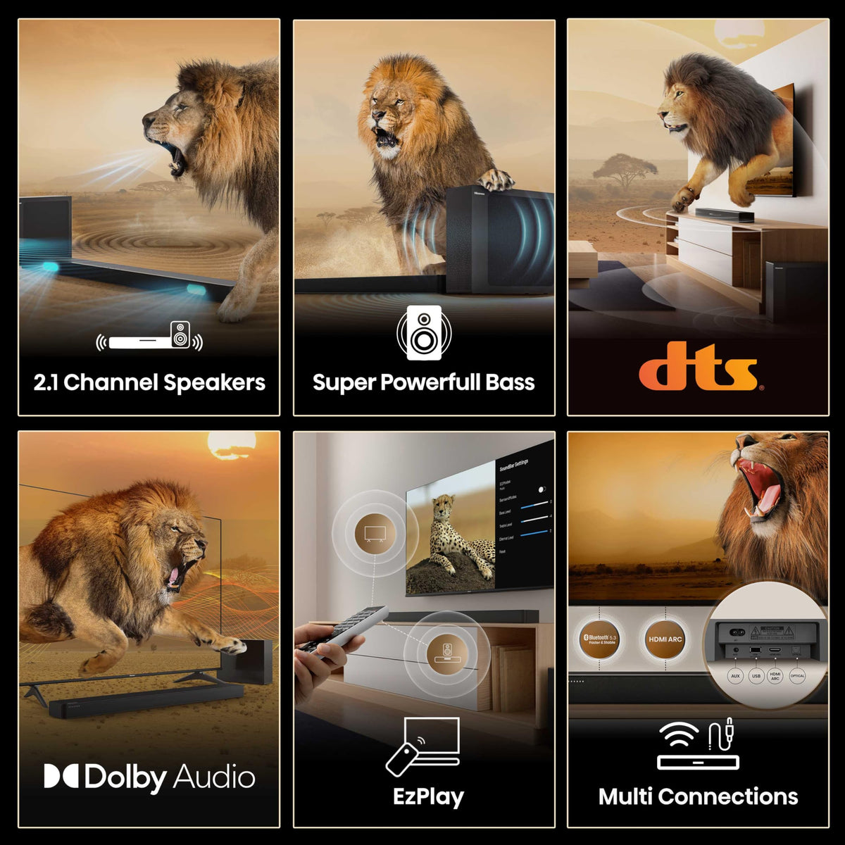 Hisense HS2100 2.1ch Soundbar with Wireless Subwoofer, Dolby Audio, DTS Virtual:X, HDMI ARC, Bluetooth 5.3, Remote Control, 6 EQ Modes