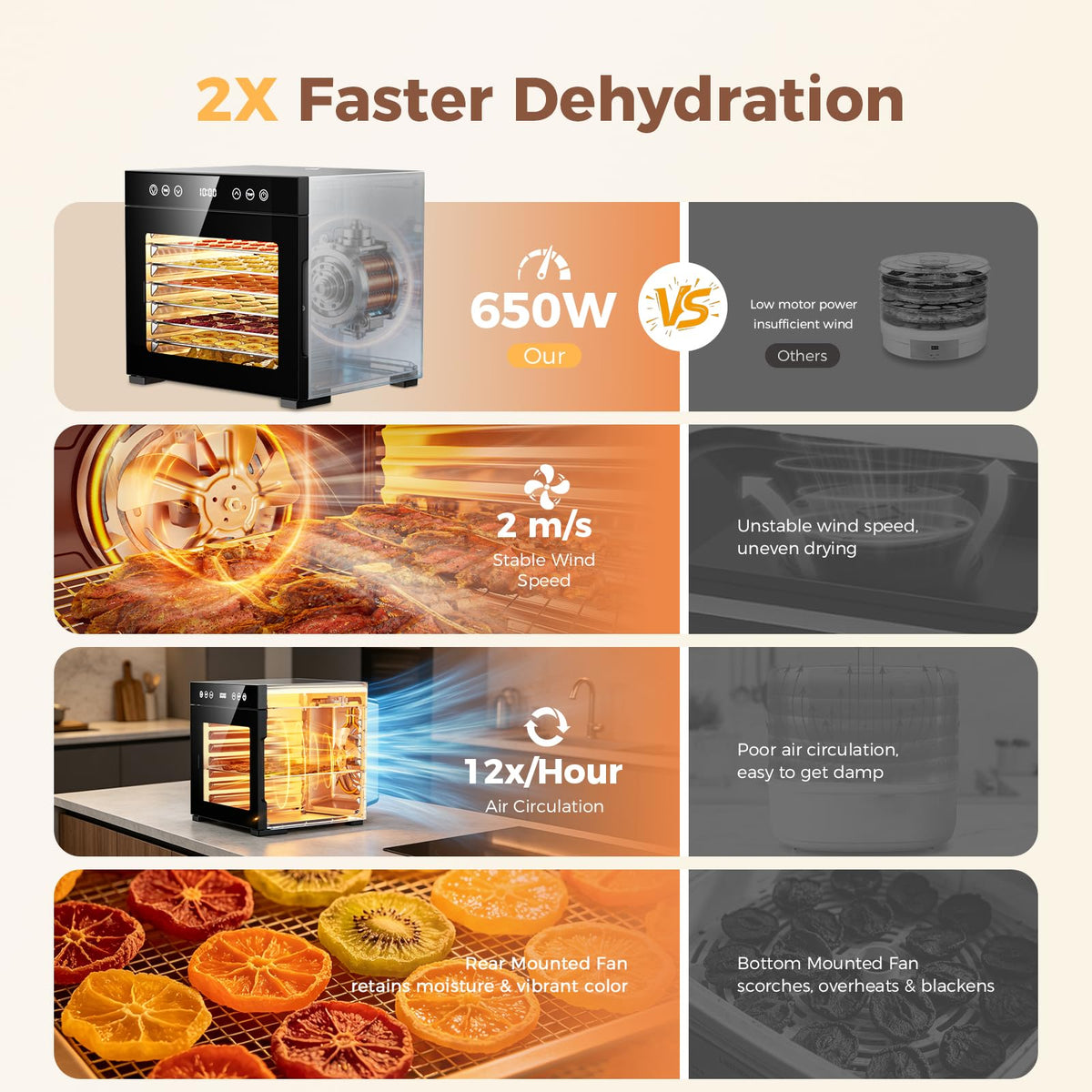 Food Dehydrator Machine, Large Food Dryer with 8 Stainless Steel Trays 650W Faster Drying, 95℉-167℉ Temperature Control, 48H Timer