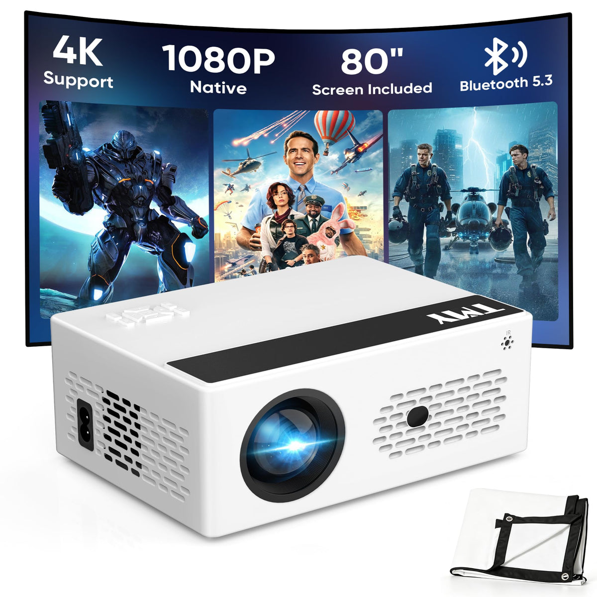 TMY Native 1080P Mini Portable Projector, 2-way Bluetooth, with 80in Screen 4K Support, 15W Powerful Speaker, Indoor/Outdoor Movies, Zoom & Timer Shutdown, TV Stick/Phone/PC/PS5/DVD/HDMI/USB Compatible