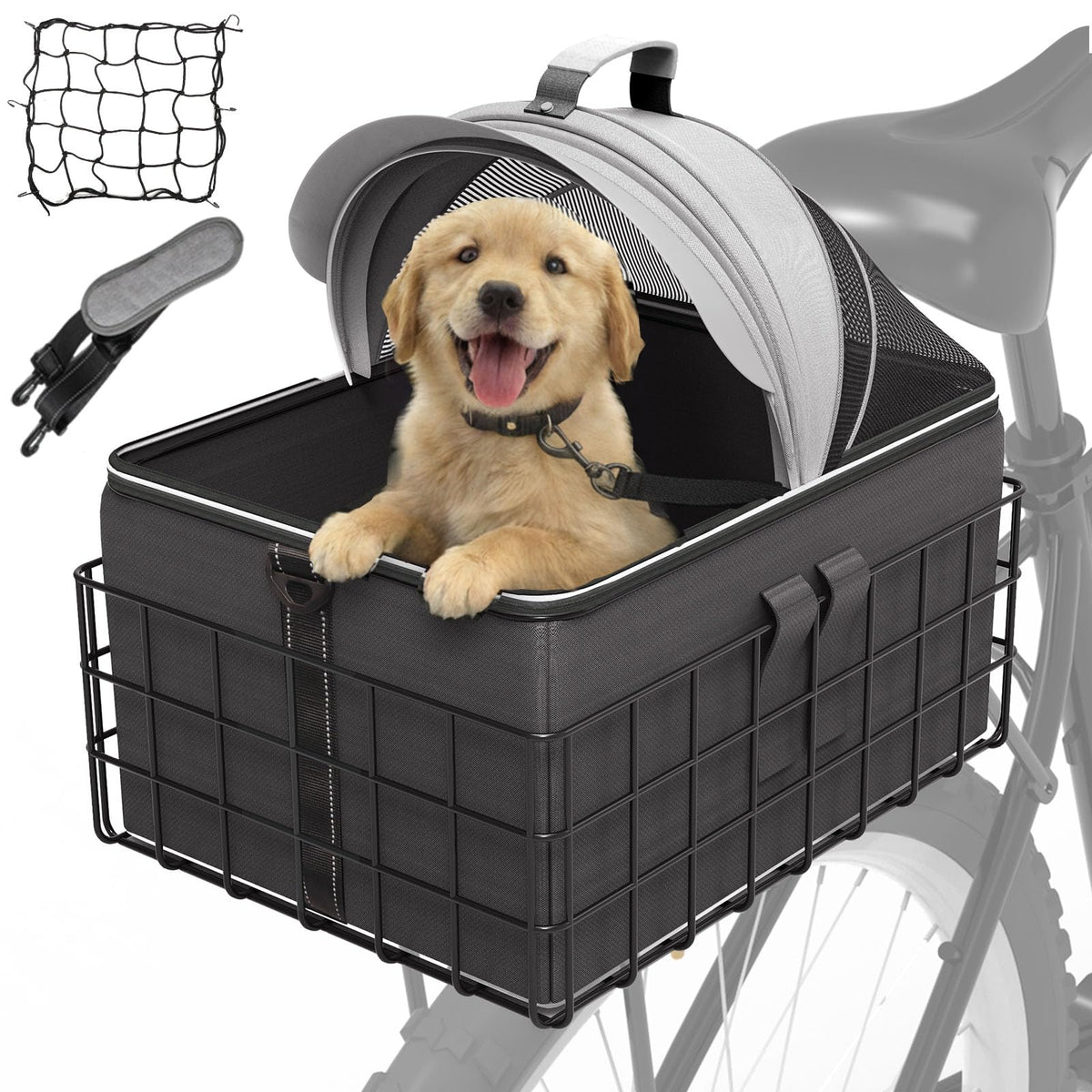 YEEGO DIRECT Dog Bike Basket for Rear Rack, 2-in-1 Pet Carrier & Cargo Basket, Detachable Dog Carrier for Bicycle with Safety Leash, Fits Small Medium Dogs Cats up to 20 LBS, Basket Patented Design