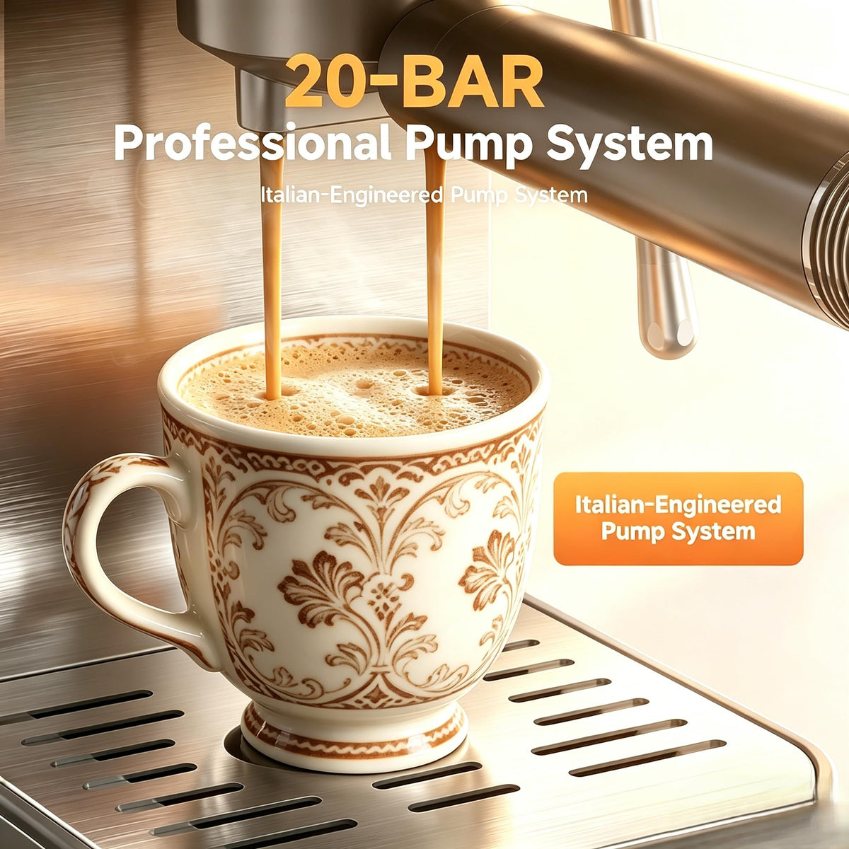 AMZCHEF Espresso Machine with Self-Cleaning, 20Bar Coffee Maker, Platinum Home Barista Essentials: 1350W Fast Heat, 44oz Tank, Steam Wand for Cafe Latte Art, LCD Live Status Ideal for Beginner