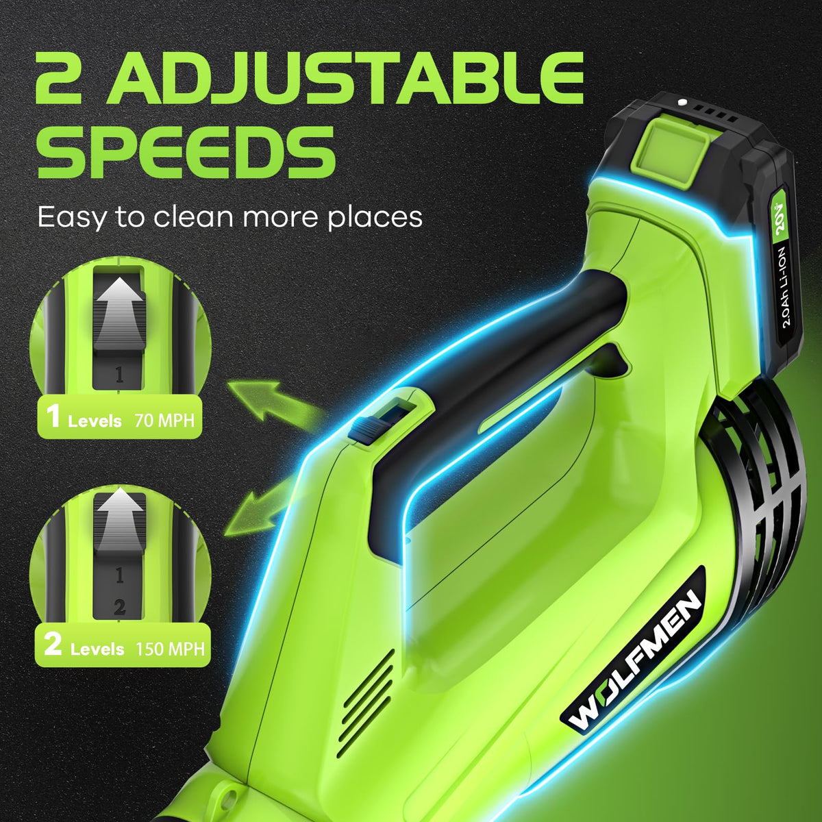 Leaf Blower Cordless, 450 CFM Electric Cordless Leaf Blower with 2 Batteries and Charger, 2 Speed Mode, Lightweight Leaf Blowers for Lawn Care, Blowing Leaves, Patio Cleaning and Dust, Bright Green