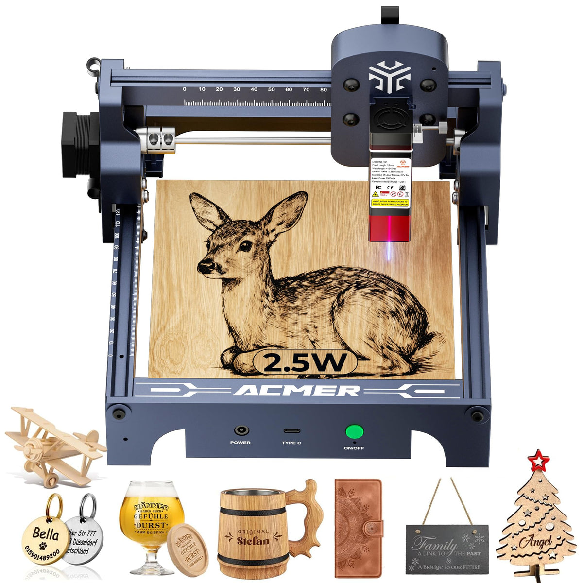 ACMER S1 Laser Engraver Machine, 2500mW Lazer Cutter for Wood and Acrylic 130 x 130mm Working Area, Compact Desktop Design, Detailed Results for DIY Crafts and Small Projects