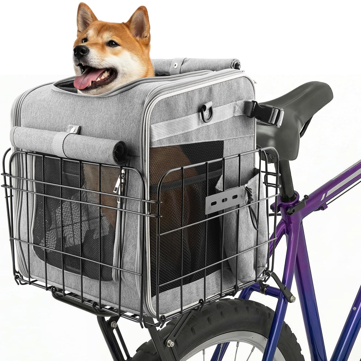 Foldable Dog Bike Rear Basket with Safety Leash & Padded Liner Pet Carrier for Small to Medium Dogs & Cats up to 22 lbs, Quick-Install Rear Bicycle Carrier for Travel