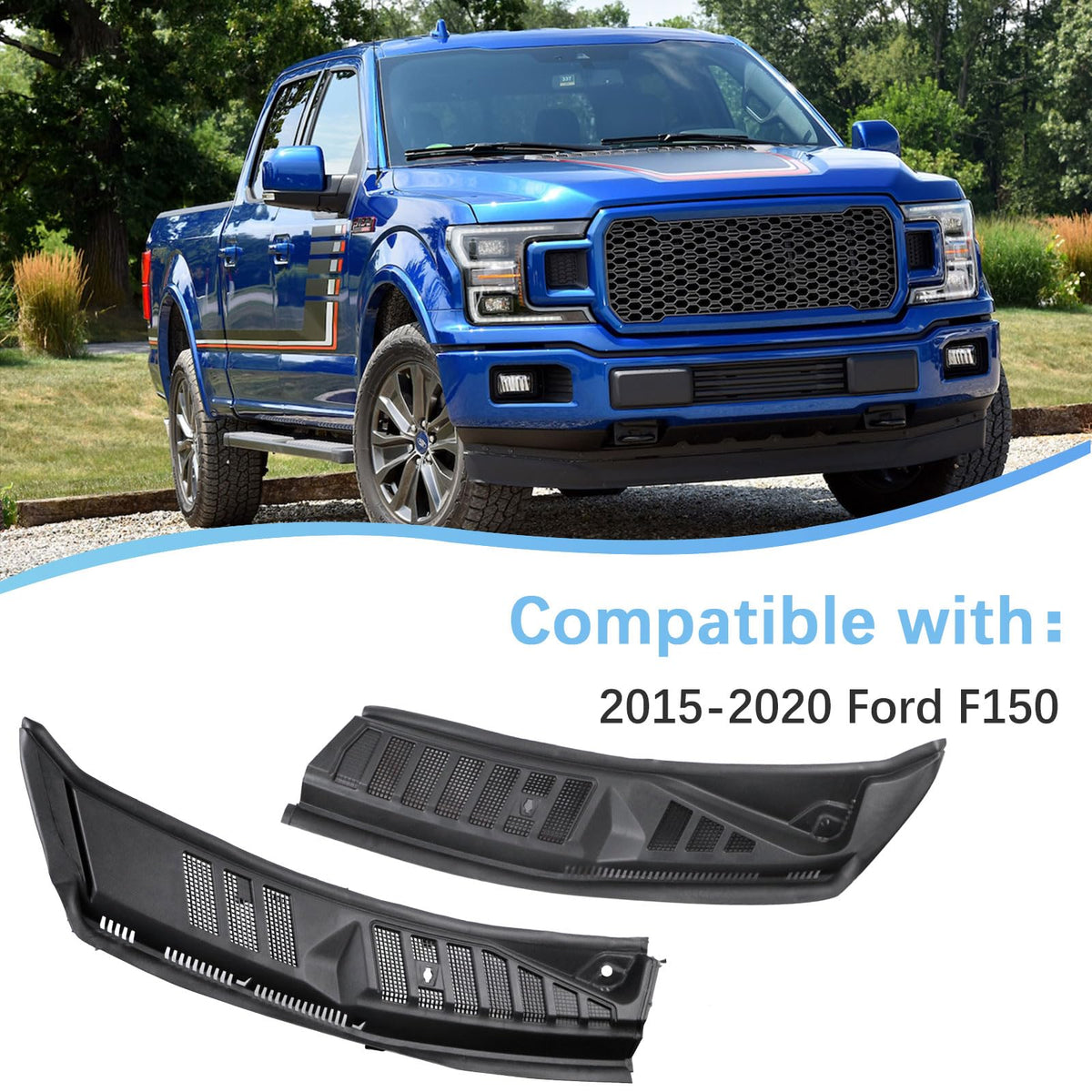 Windshield Cowl Wiper Panel Grille Fits Ford F150 2015-2020 with Clips for Install, Handle all Weather, Front Window Cover Insert Panel Replace FL3Z15022A69B