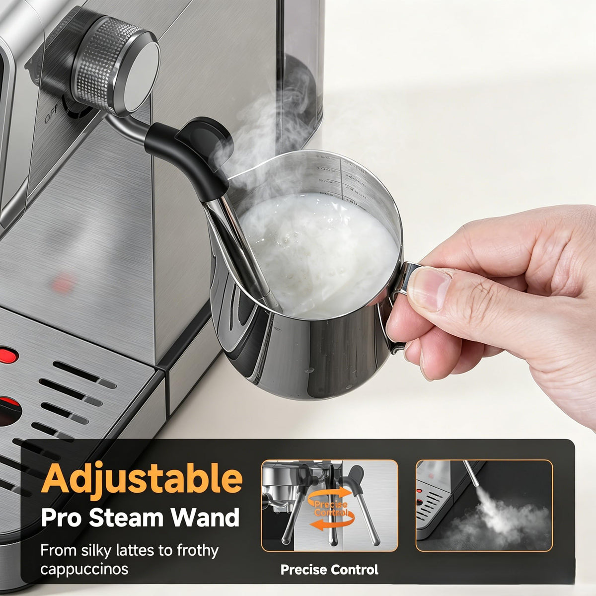 AMZCHEF Espresso Machine with Self-Cleaning, 20Bar Coffee Maker, Platinum Home Barista Essentials: 1350W Fast Heat, 44oz Tank, Steam Wand for Cafe Latte Art, LCD Live Status Ideal for Beginner