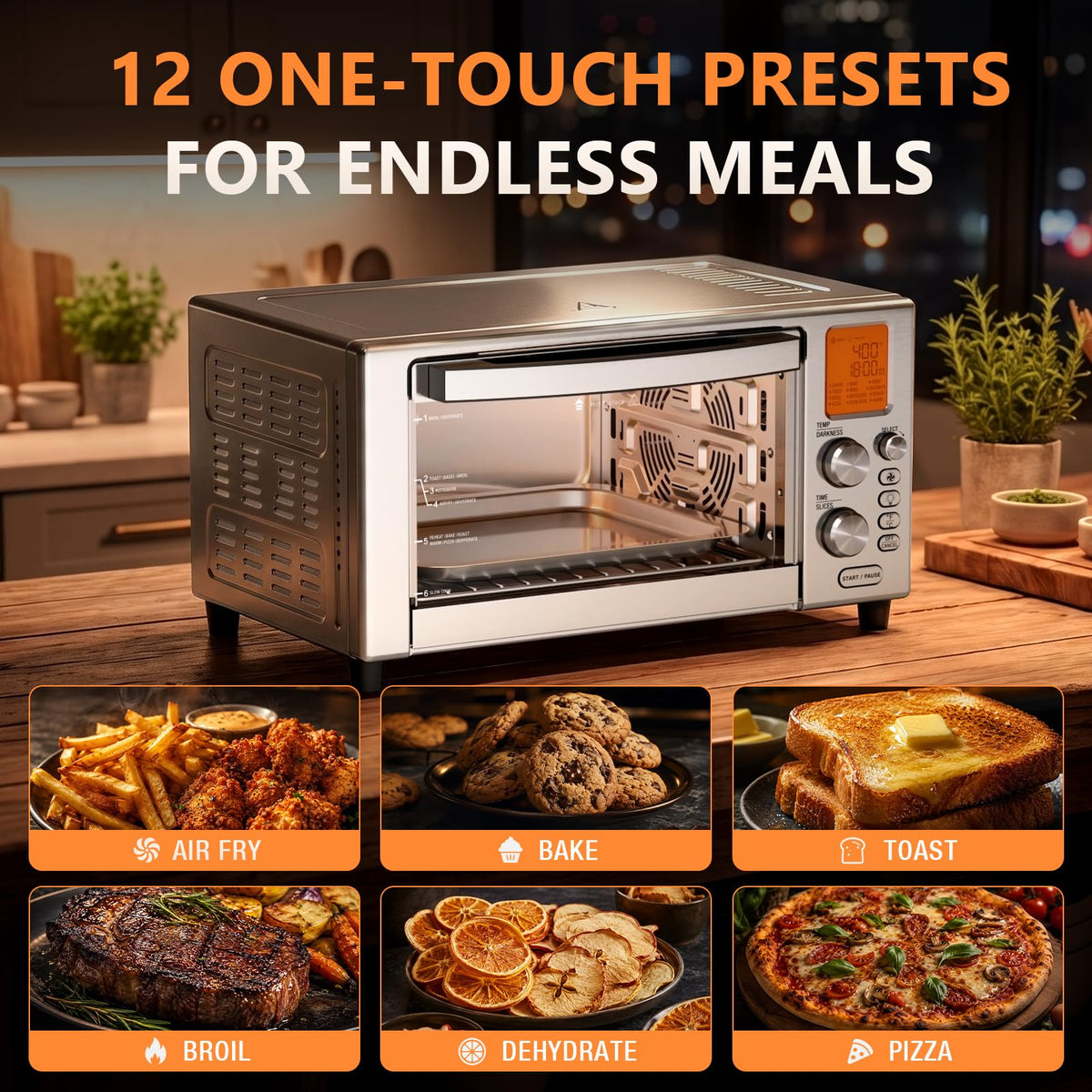 Electactic 12-in-1 Air Fryer Toaster Oven Combo, 22L Countertop Oven Stainless Steel 1500W Convection Oven with Rotisserie, Dehydrator and Slow Cook, 6 Rack Positions and 5 Accessories Included