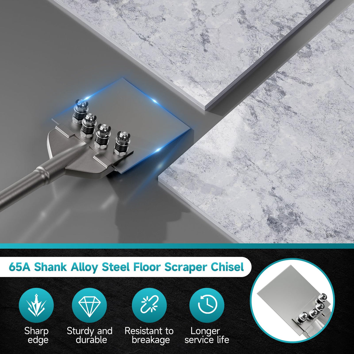 65A Shank 6 Inch Wide Floor Scraper Chisel Bit 24" Long Alloy Steel Jack Hammer Drill Bit Blade Scraper, Spring-loaded Bolt Reinforcement, Removal Tools for Tile Thinset