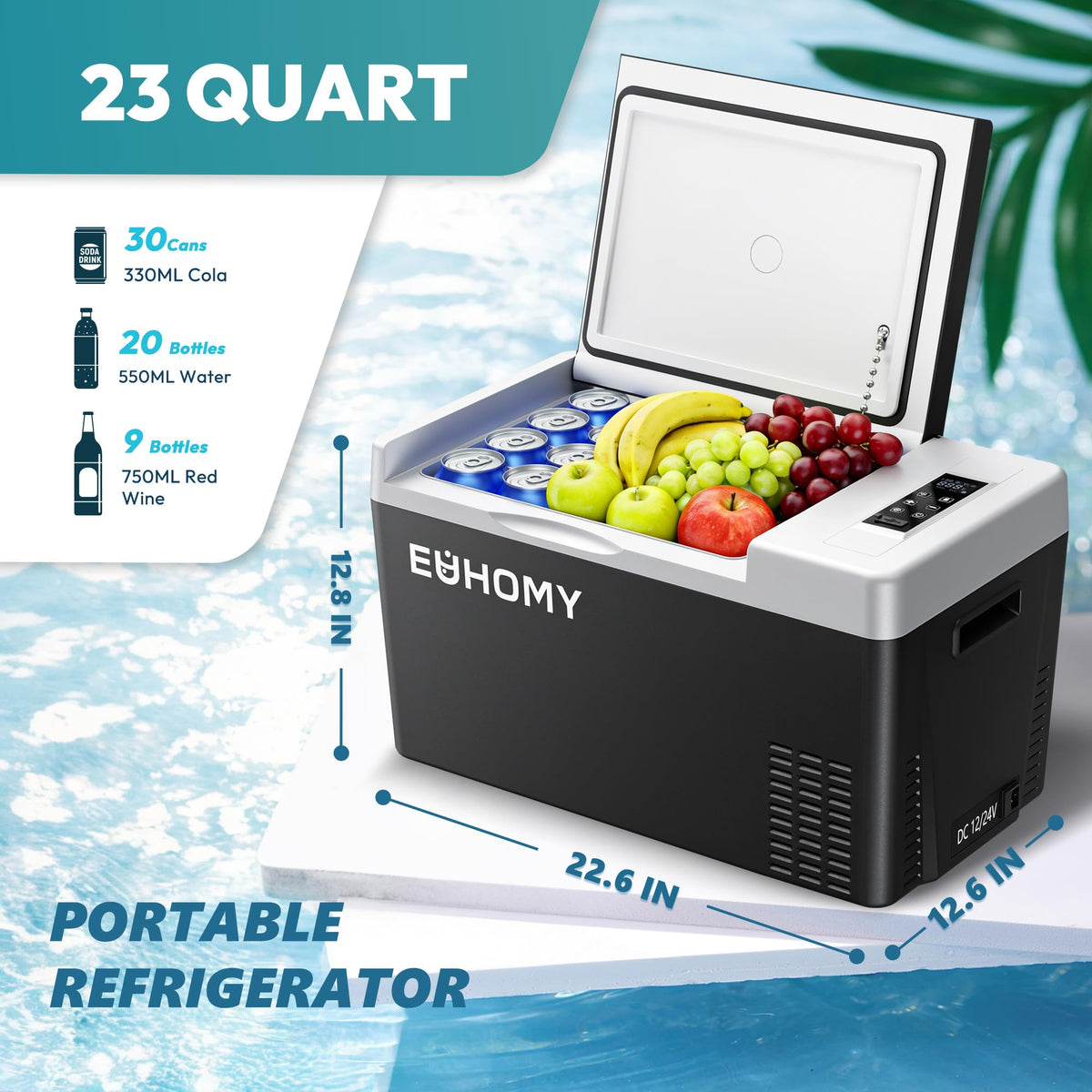 EUHOMY 23QT 12 Volt Refrigerator, -4℉~68℉ Electric Cooler for Car No Ice Needed, 12V&100-240V, Compressor Cooling, ECO/MAX Modes, 3-Level Battery Protection, Truck/Travel/Home Use,Low Noise