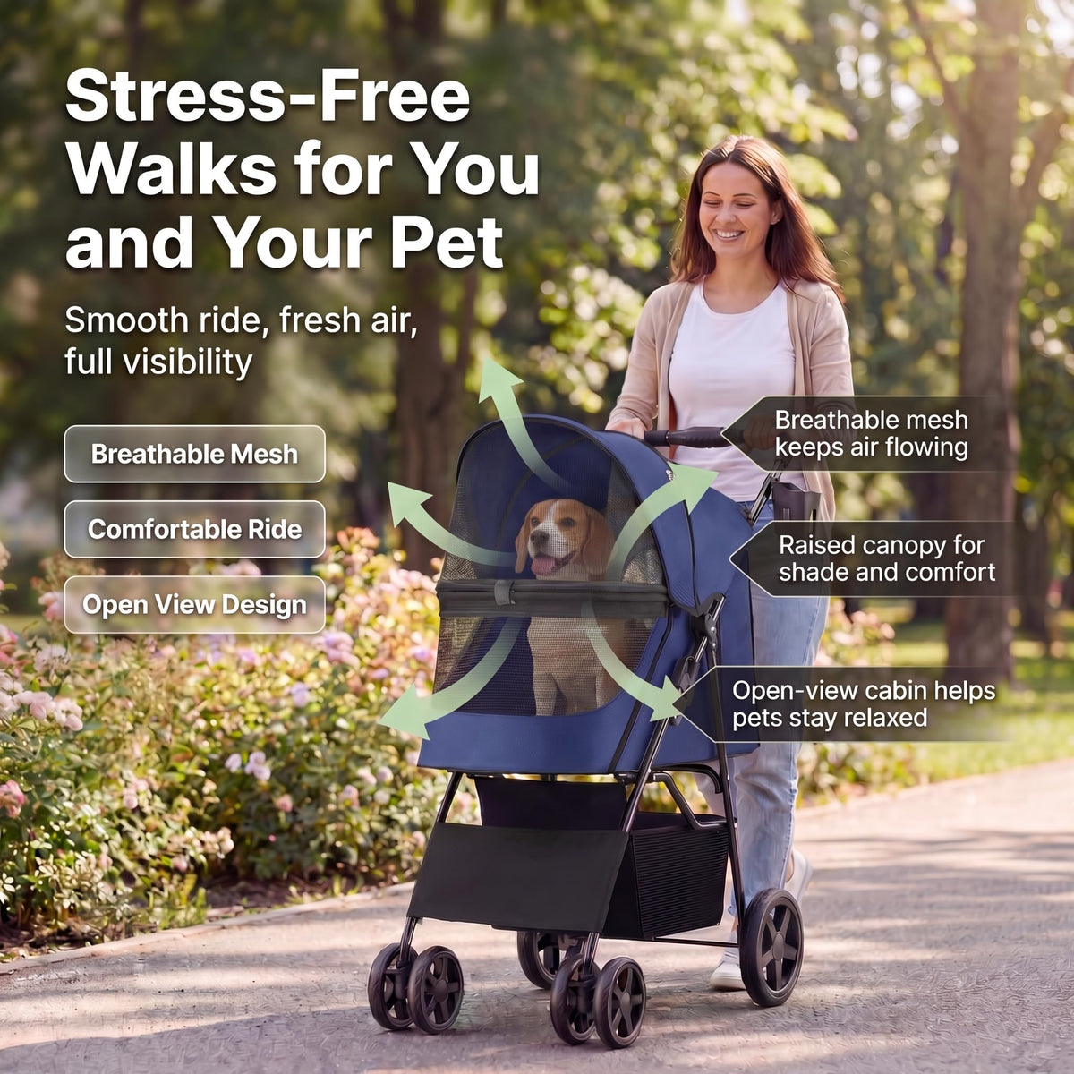 Pet Stroller for Small/Med Dogs & Cats | 4-Wheel Foldable Pet Stroller Zipperless Entry, Easy One-Hand Fold, Jogging Tires, Safety Harness, Breathable Design, Cup Holder + Storage Basket