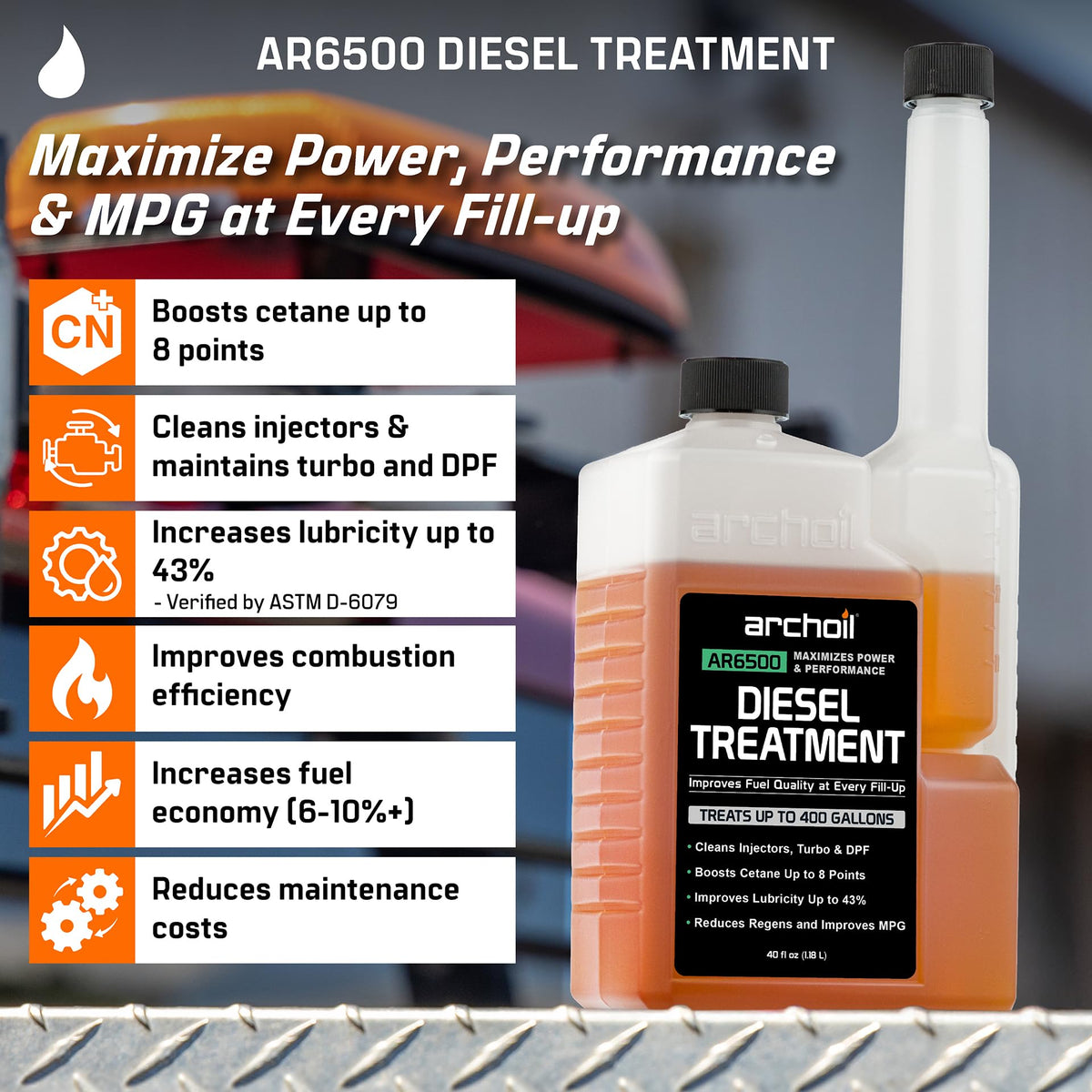 Archoil AR6500 Diesel Treatment (40 oz) Two Pack - Treats 800 Gallons, Diesel Fuel Additive - Lubricity Improver, Injector Cleaner, DPF & Turbo Deposit Control, Cetane Booster