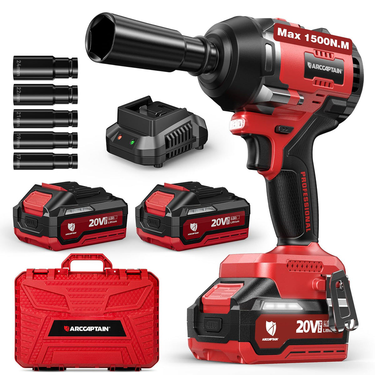 ARCCAPTAIN Cordless Impact Wrench, 1500N.m (1106Ft-lbs) 1/2" Impact Gun 15C High-Rate, Supports Up to 40mm Socket, 20V 2x4.0Ah Batteries, High Torque Power Impact Driver for Heavy Truck/Car/Pickup