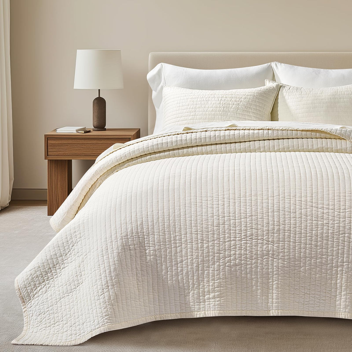 EVERGRACEHOME Cotton Sateen Quilt Set, Queen Size, Cream 100% Cotton, Channel Stitch Coverlet Bedspread, Pre-Washed Lightweight Soft Bedding Set for All Season, 3 Piece, with 2 Shams