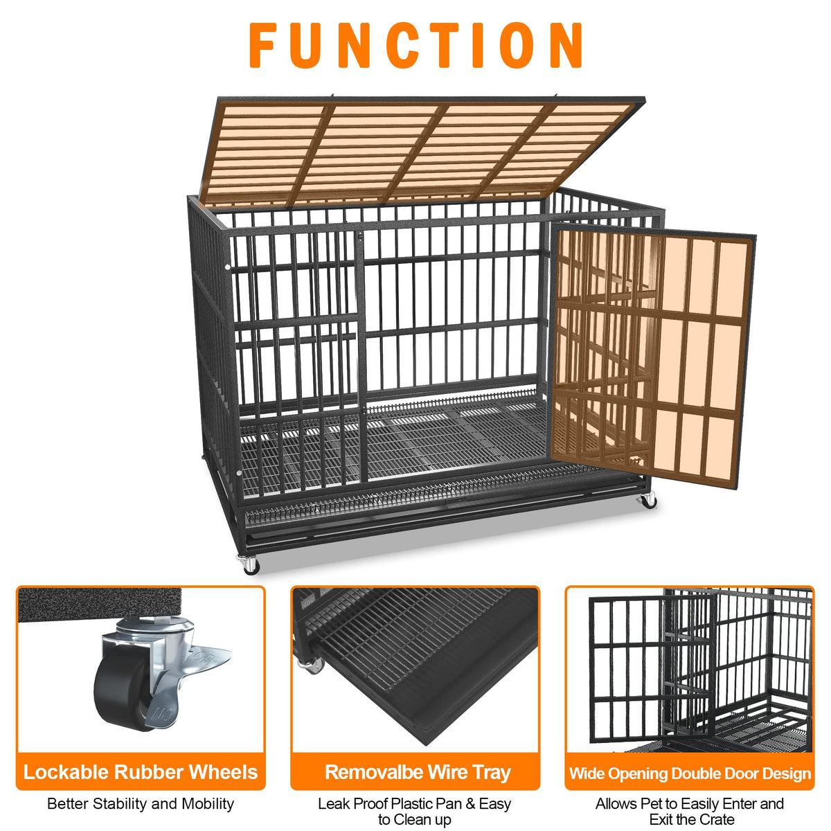 BOLDBONE 48 inch Heavy Duty Indestructible and Escape-Proof Dog Crate Cage Kennel for Large Dogs, High Anxiety Dog Crate with Removable Wire Trays and Wheels, Extra Large XL XXL, Black