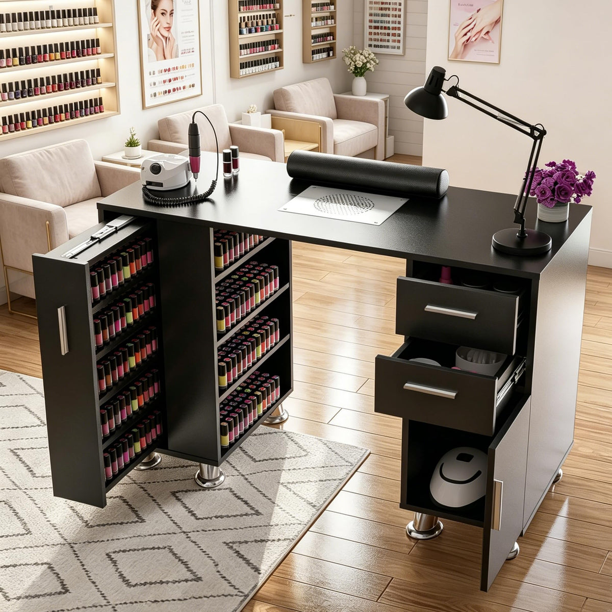 Manicure Table with Dust Collector, Large Storage Nail Desk (Black) Drawers, Cabinets, Shelves, Wrist Rest & 4 Dust Bags Included, Professional Nail Station for Beauty, Salon & Home