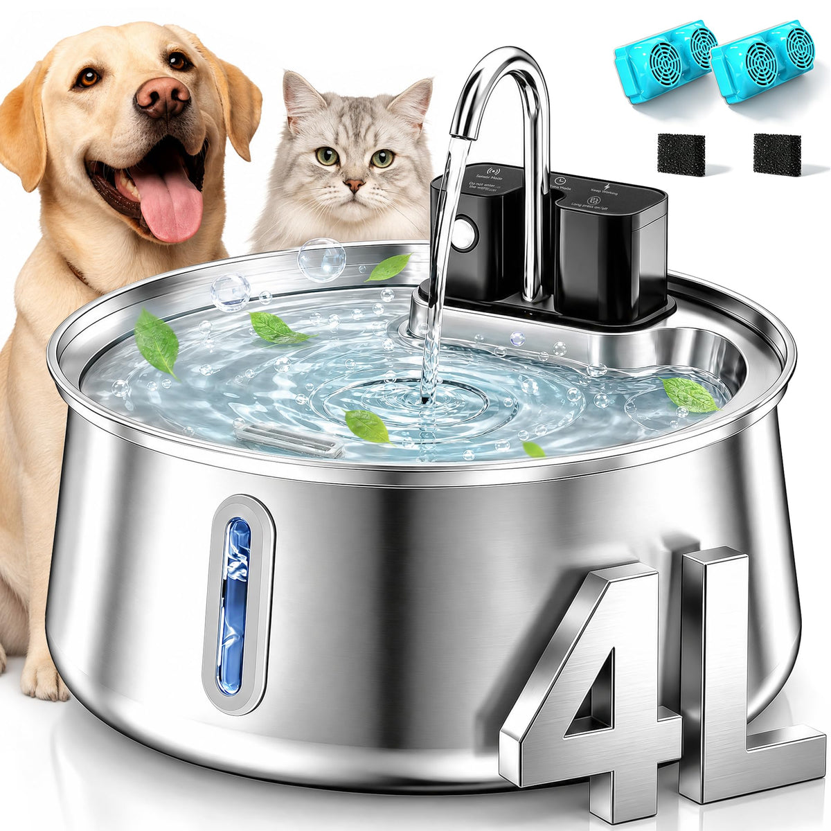 Selene Dog Water Fountain, 4L Stainless Steel Dog Water Fountain with Visual Water Level, Super Quiet Dog Water Bowl, 5-Stage Filtration Pet Water Dispenser, Easy to Clean - 4L