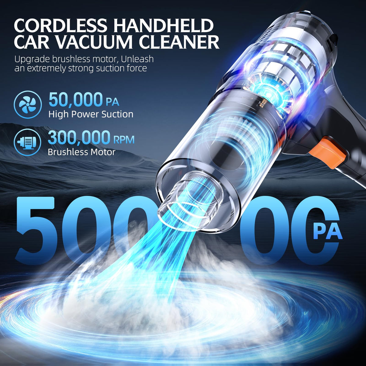 Car Vacuum Portable Cordless, 50000Pa Strong Suction Brushless Motor, Handheld Vacuum with 2 Batteries & Charger, 6-in-1 Rechargeable Vacuum Cleaners for Home, Pet Hair & Keyboard - Ink Black