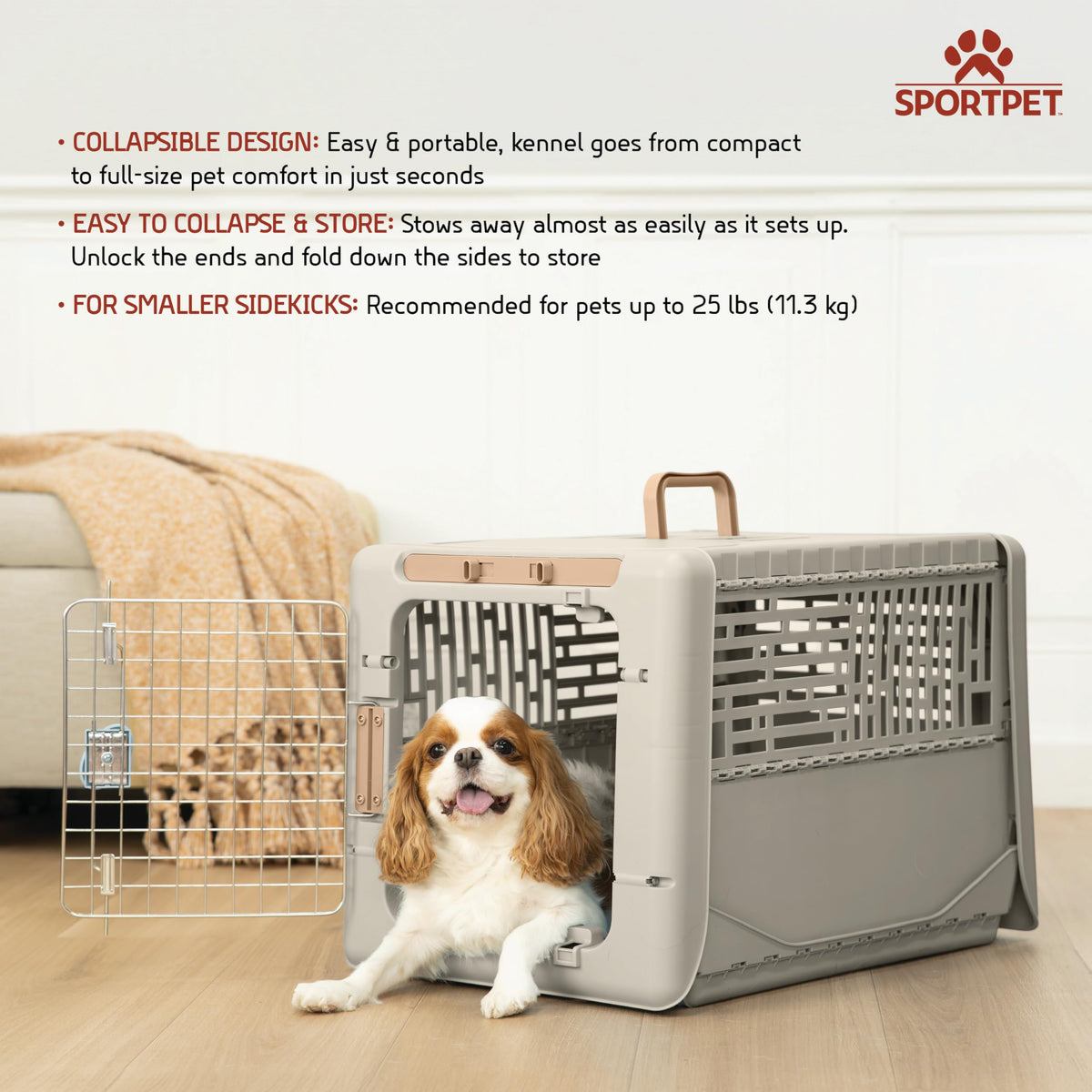 SportPet Designs Collapsible Small Pet Travel Carrier (Tan), Hard-Sided Kennel for Small Dogs, Puppies, Cats, Kittens, Animals up to 25lbs, Washable Home & Outdoor Pet Crate, 24.5"L x 16.5"W x 16"H