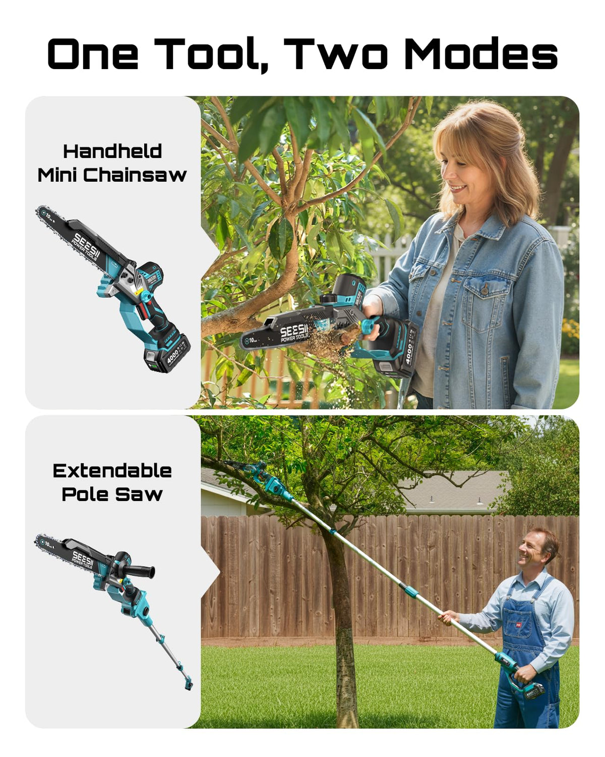 SEESII 10-Inch 2-in-1 Cordless Pole Saw & Mini Chainsaw,2 x 4.0Ah Batteries Brushless Handheld Chain Saw,Auto Oiling, Telescoping Pole with Pivoting Head and Adjustable Handle for High and Low Branches