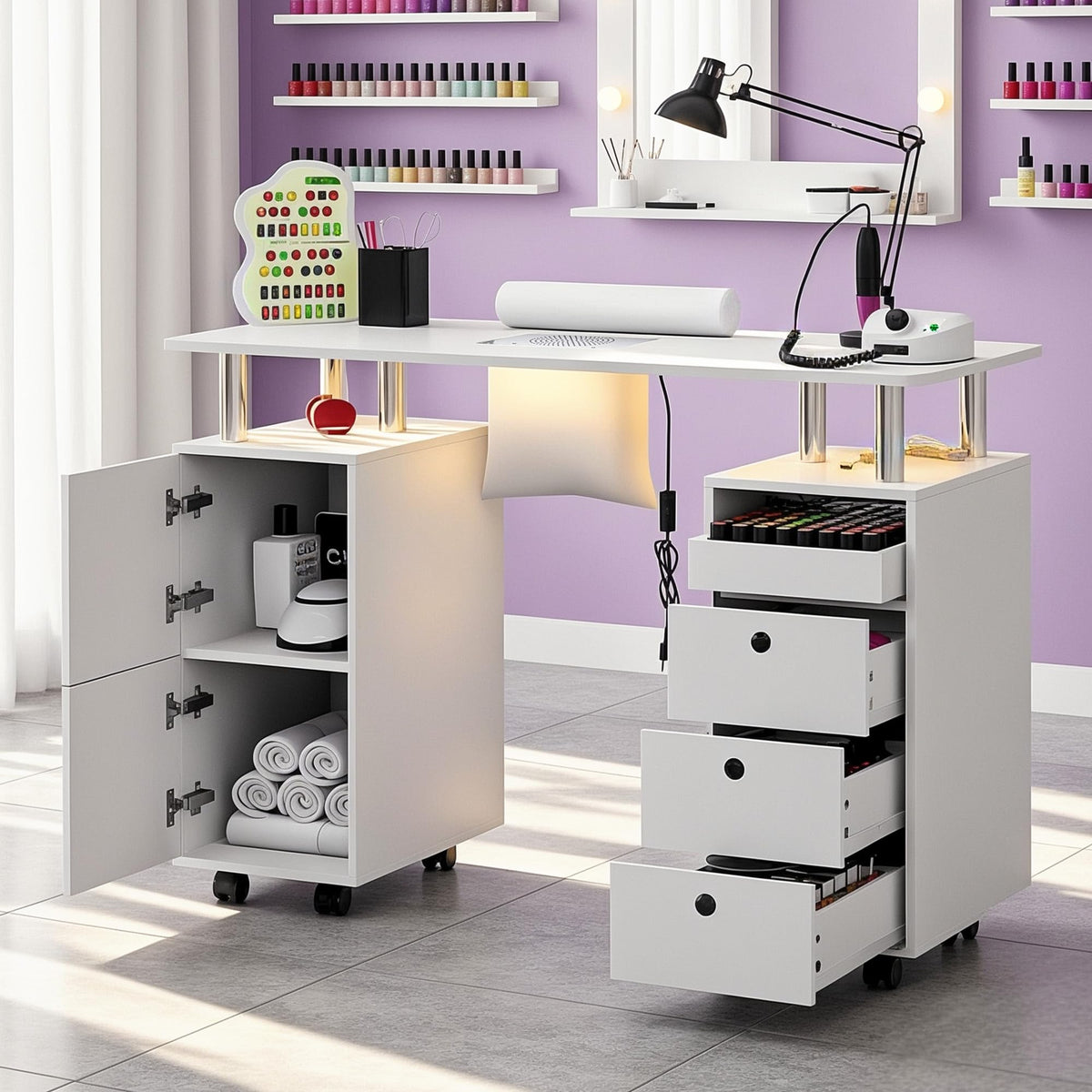 Nail Desk for Nail Tech w/Electric Dust Collector, Rolling Manicure Table w/Lockable Wheels, Storage Drawers, Wrist Cushion, Acetone Resistant, for Nail Beauty Salon Workstation (White)