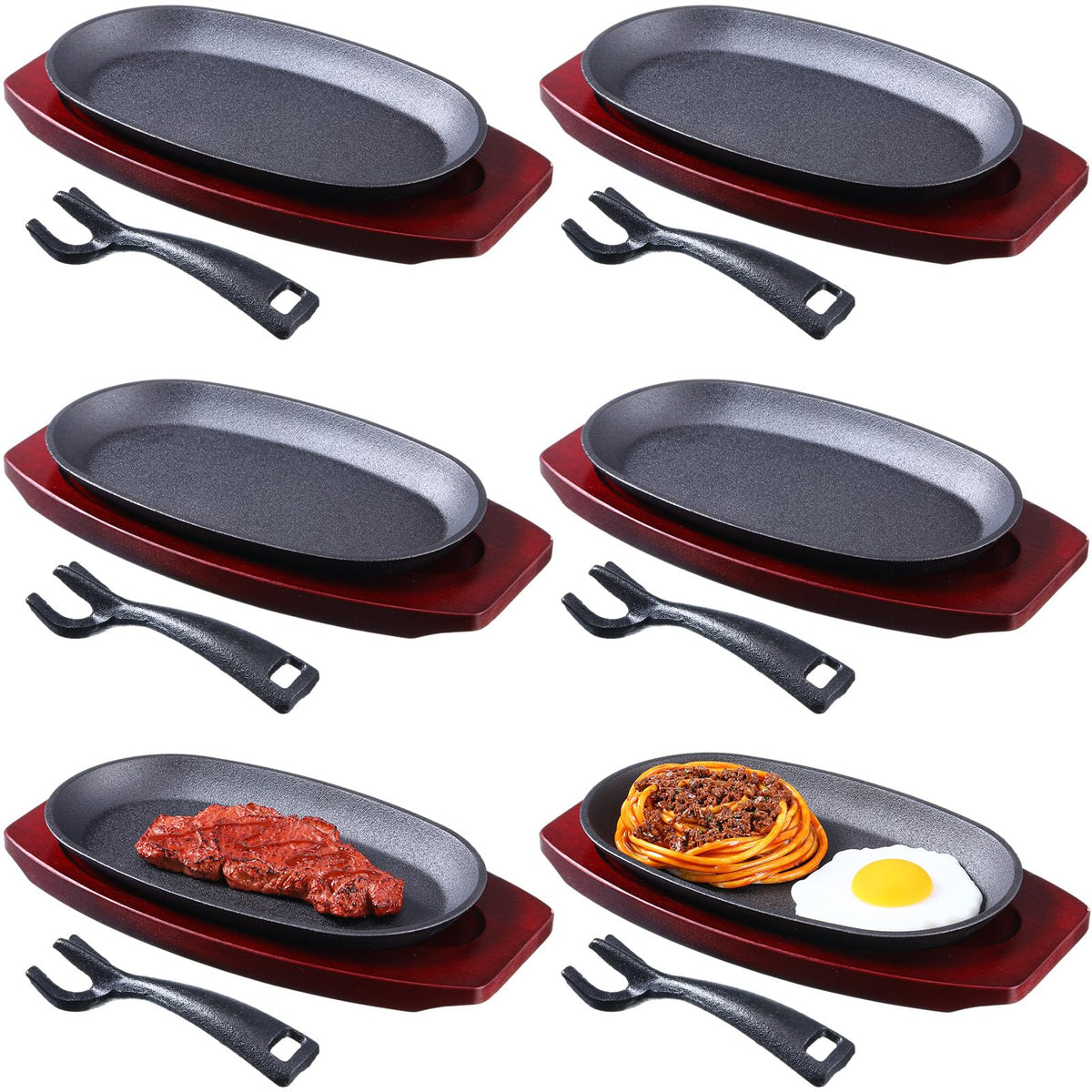 Mifoci 6 Pcs Oval Cast Iron Fajita Skillet Pan Set Small Sizzling Steak Plate with Wooden Base and Handle Cast Iron Fajita Skillet Sizzling Plate for Restaurant BBQ (9.5 in x 5.5 In)