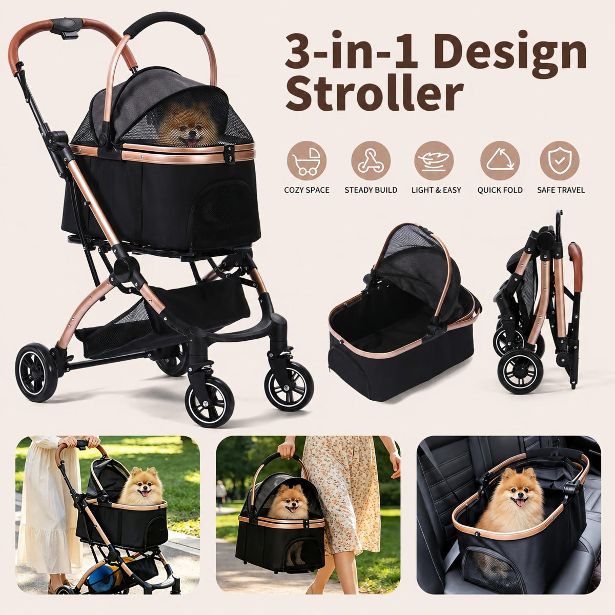 Dog Strollers for Small Dogs and Cats, 3-in-1 Pet Stroller with Removable Carrier, 4 Wheels One-Hand Fold Travel Carriage with Storage, Cup Holder and Car Seat, Black