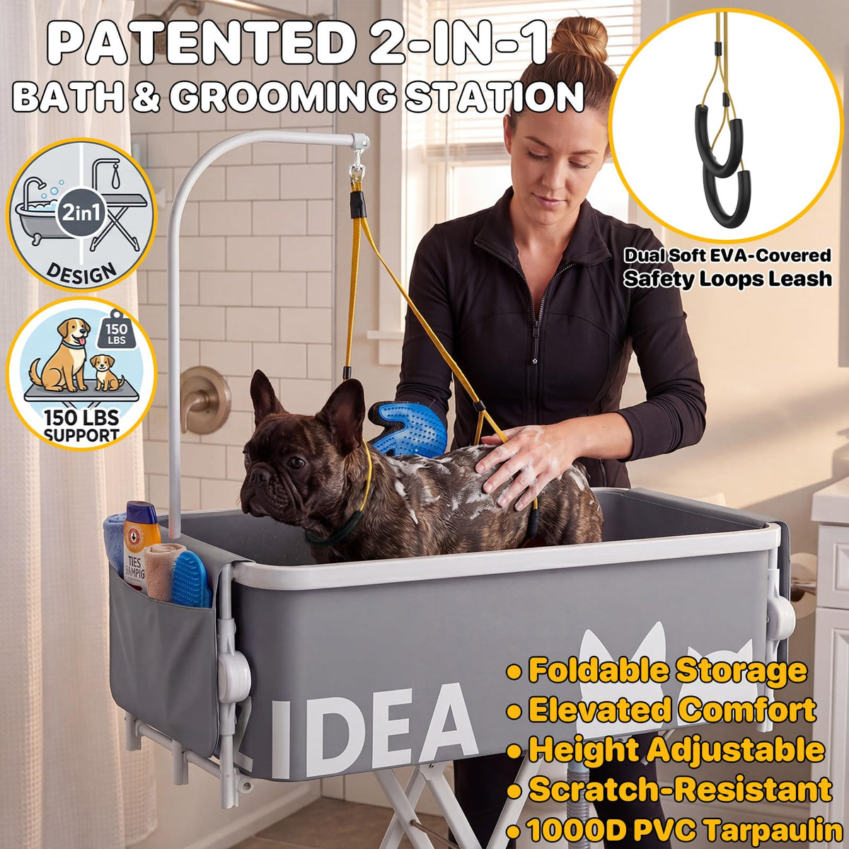 PAWZIDEA 2-in-1 Dog Bathtub & Grooming Table 33" for Small to Medium Dogs 5 Height Adjustable Elevated Pet Bath Tub & Foldable Washing Station for Dogs Cats up to 40lb, Storage Pocket, Indoor Outdoor