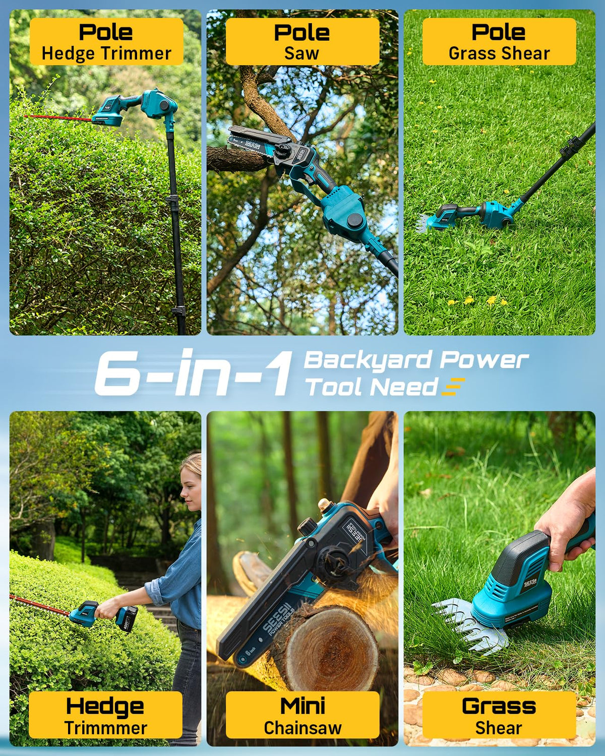 SEESII 6-in-1 Cordless Pole Saw & Hedge Trimmer Combo, Brushless Motor Electric Mini Chainsaw with 2×4.0 Ah Batteries, Extendable Tree Pruner, Bush Trimmer Limb Branch Cutter, Grass Shears
