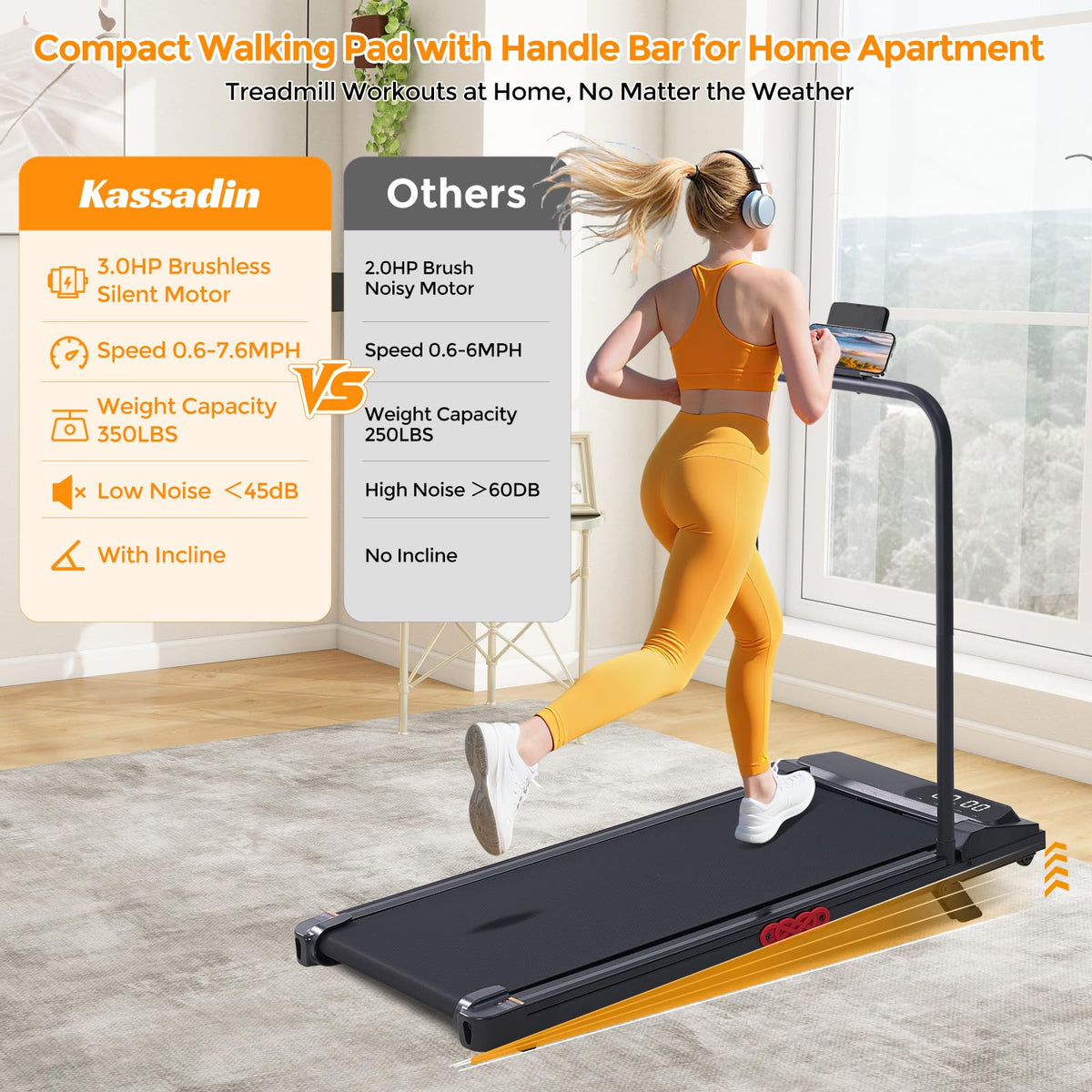 KASSADIN Walking Pad with Handle Bar, 2026 Upgrade Portable Small Treadmill with Handles for Home Small, 3.0HP Under Desk Walking Pad Treadmill with Incline, 0.6-7.6MPH, 350LBS