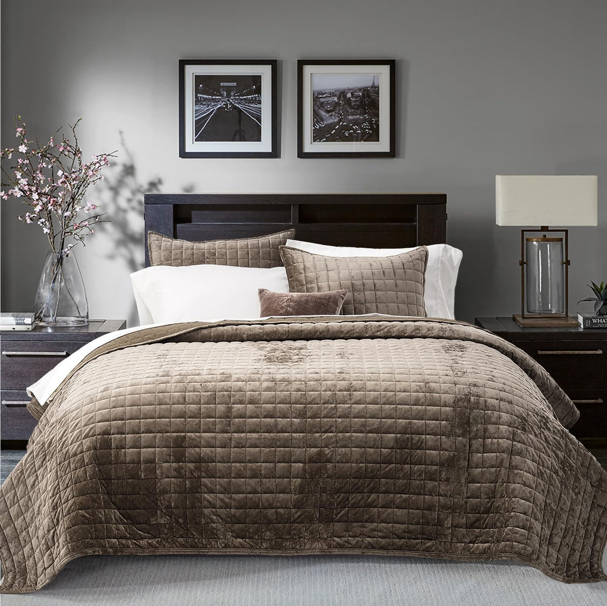 RECYCO Channel Box Stitch Velvet Quilt Set, King Size, Mocha Brown Ultra Soft Lightweight Velvet Comforter, Luxury Oversized Bedspread Coverlet, Quilted Bedding Set for All Season with 2 Shams