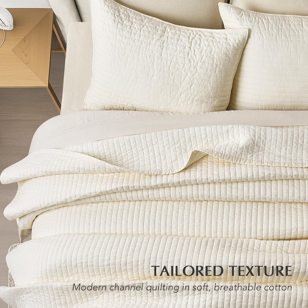 EVERGRACEHOME Cotton Sateen Quilt Set, Queen Size, Cream 100% Cotton, Channel Stitch Coverlet Bedspread, Pre-Washed Lightweight Soft Bedding Set for All Season, 3 Piece, with 2 Shams