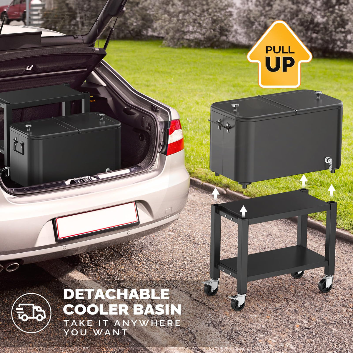 VINGLI Patio Cooler, Rolling Ice Chest on Wheels, Portable Patio Party Bar Drink Cooler Cart, with Shelf, Beverage Pool with Bottle Opener,Water Pipe