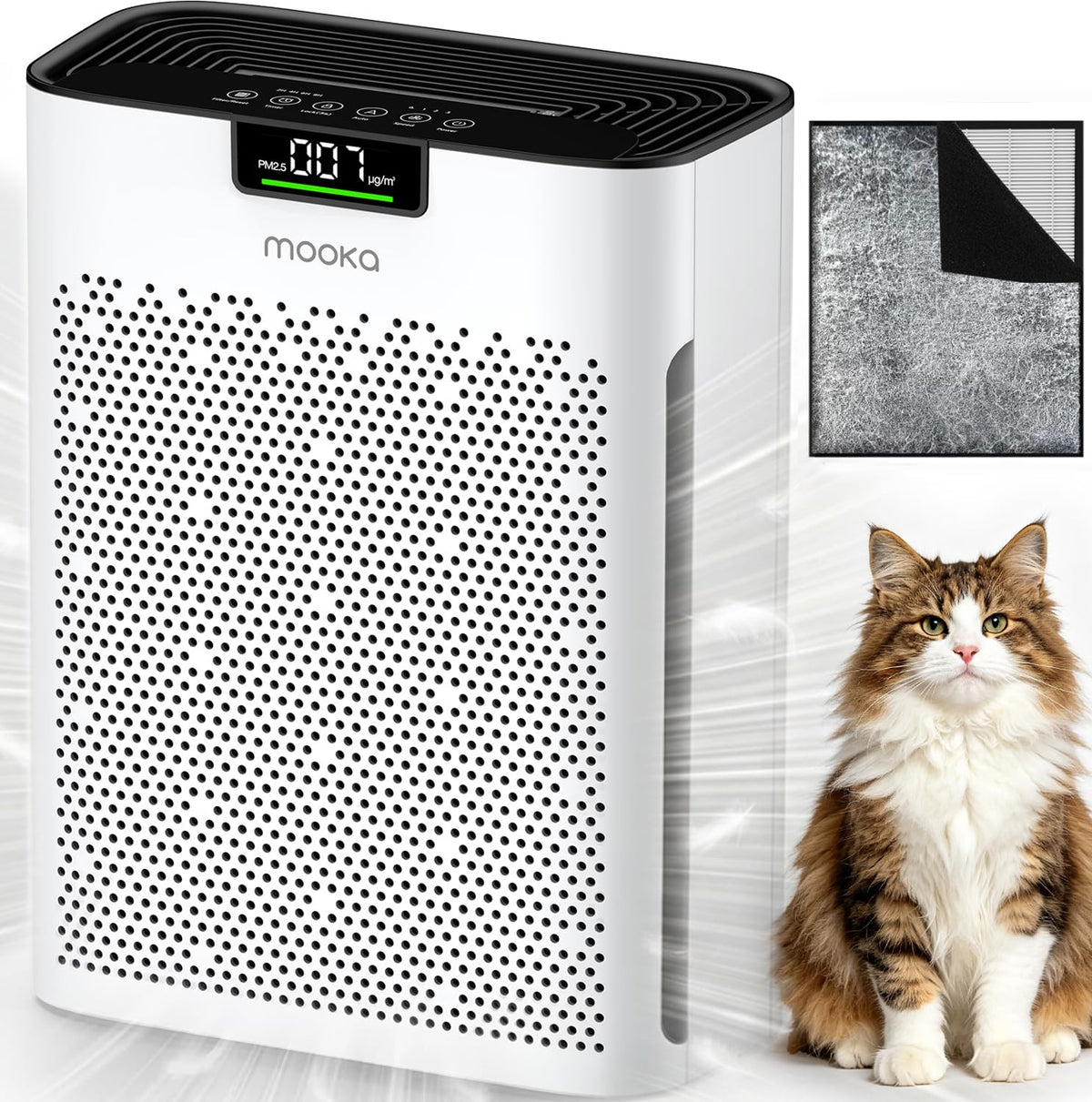 MOOKA Air Purifier for Home Bedroom Large Room 2200 Ft², HEPA Filter, White Washable Pre-Filter, Auto Mode, Quiet Sleep Mode, PM2.5 Air Quality Monitor, Air Cleaner for Pet Dust Smoke Pollen, KJ190H