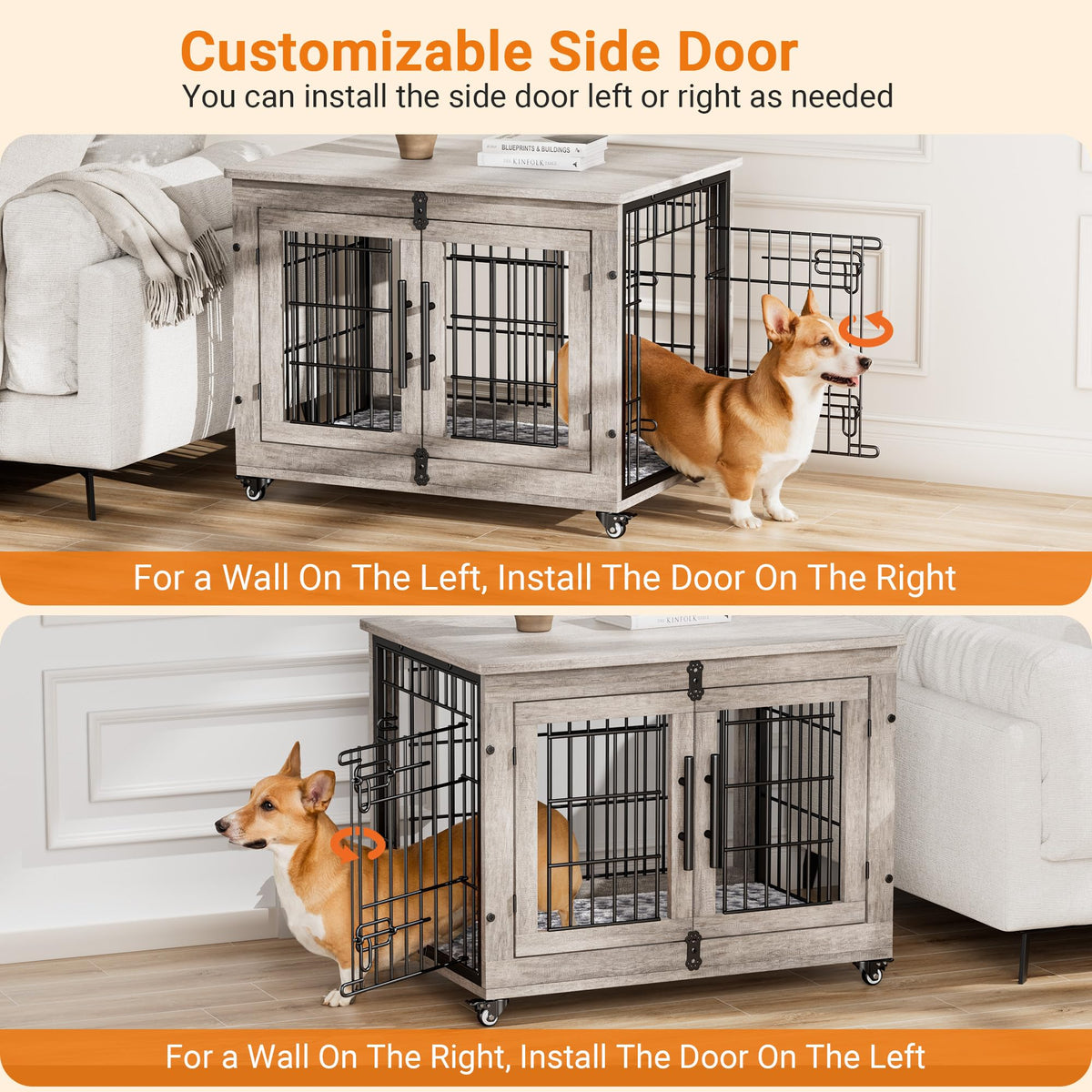 Medium Dog Crate Furniture, 32'' Heavy Duty Kennel w/Cushion & Wheels Grey, Double Doors, Wooden Dog Cage, Chew-Resistant, End Table, Decorative, 27"/32"/38"/44" Options, Indoor