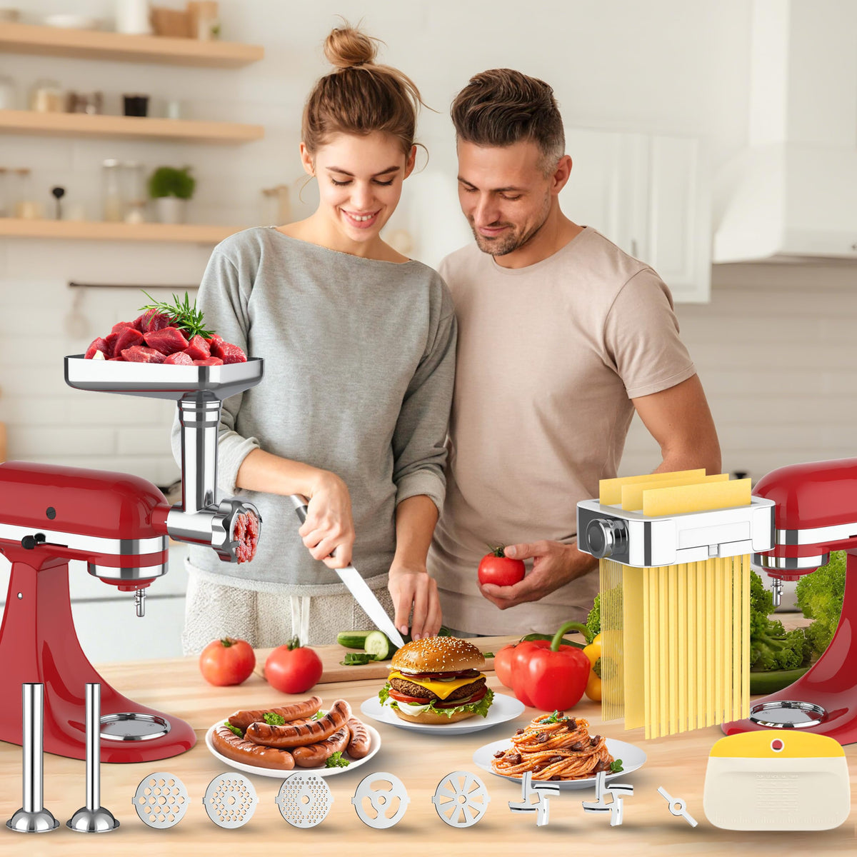 Jooke Meat Grinder Pasta Maker Attachment for Kitchenaid Stand Mixers,Set for Kitchenaid Mixer Attachments Includes Metal Food Grinder with Sausage Stuffer Tubes,3 in 1 Pasta Attachment,Dough Cutter