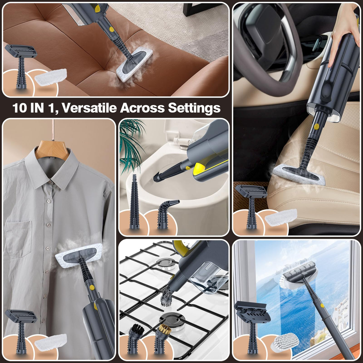 10-in-1 Steam Cleaner, Detachable Handheld Steam Mop for Multi-Surface Quick 10s Heat, 350ml Water Tank and 2-Level Steamer for Cleaning Floor, Window, Carpet, BBQ Grill, Tile, Sofa, Car and Grout
