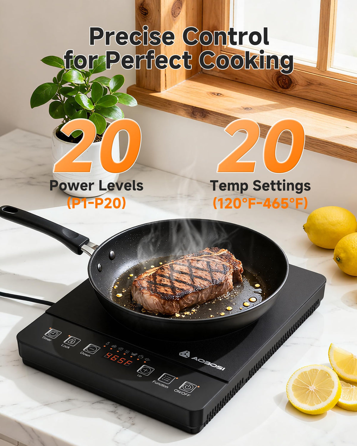 AAOBOSI Portable Induction Cooktop, 1800W, 20 Temp & Power Levels, Timer Fast & Even Heating, 4 Preset Modes, 4-Hour Timer, Compact & Portable, Easy to Clean, Apartments, RVs & Outdoor Cooking
