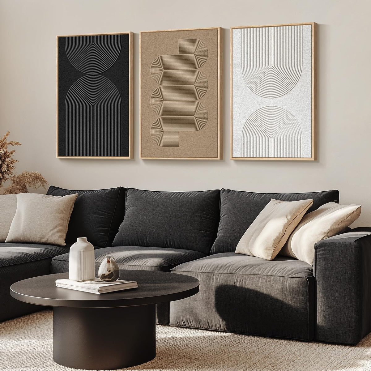 Large Framed Boho Black White Abstract Wall Art for Living Room, 24x36 In Set of 3 Neutral Canvas Prints, Modern Minimalist Artwork, Geometric Pictures, Office Bedroom Hallway Paintings Wall Decor